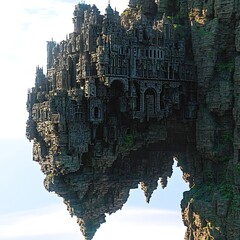 Floating City on a Dramatic Rock Formation in a Fantasy Landscape