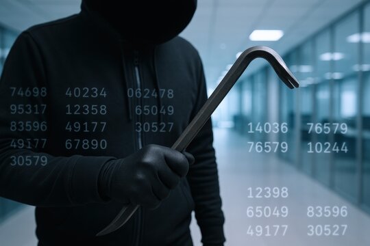 Male hacker wea black hoodie and gloves using a computer with digital code overlay in a modern office environment du cyber security breach