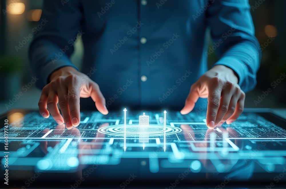 Poster closeup of hands interacting with futuristic digital interface on touchscreen table. concept of tech