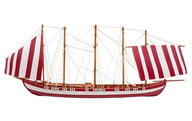 Vintage Model Ship with Striped Sails and Wooden Details