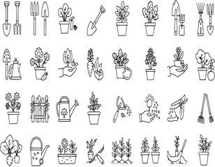 Create a set of editable line icons depicting various gardening tools, plants, flowers, and gardening activities. Include diverse plant types and common gardening implements