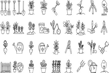 Create a set of editable line icons depicting various gardening tools, plants, flowers, and gardening activities. Include diverse plant types and common gardening implements