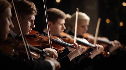 The musicians play violins in a stunning classical orchestra performance.