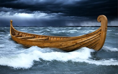 Mythical Viking Ship Sailing Through Dark Stormy Ocean Waves