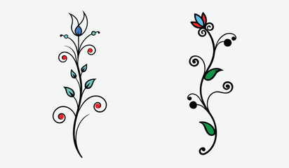 Two hand drawn stylized floral stems with swirls and small blooms isolated on white background