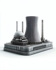 Industrial Power Plant with Cooling Tower and Smokestacks Design