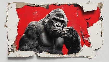 Thoughtful Gorilla Posing on Torn Wall with Red Background