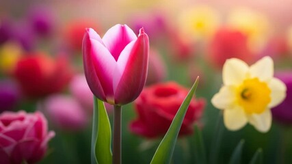 Cinematic close-up of a beautiful pink tulip bud in a vibrant, colorful spring flower garden - Powered by Adobe