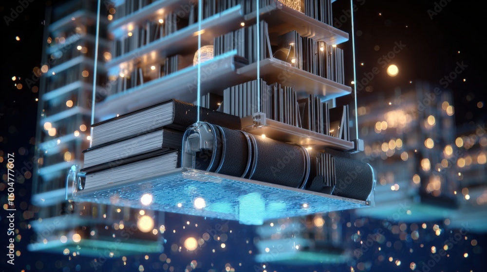 Poster futuristic floating library with books and digital elements illuminated by glowing blue lights in a 