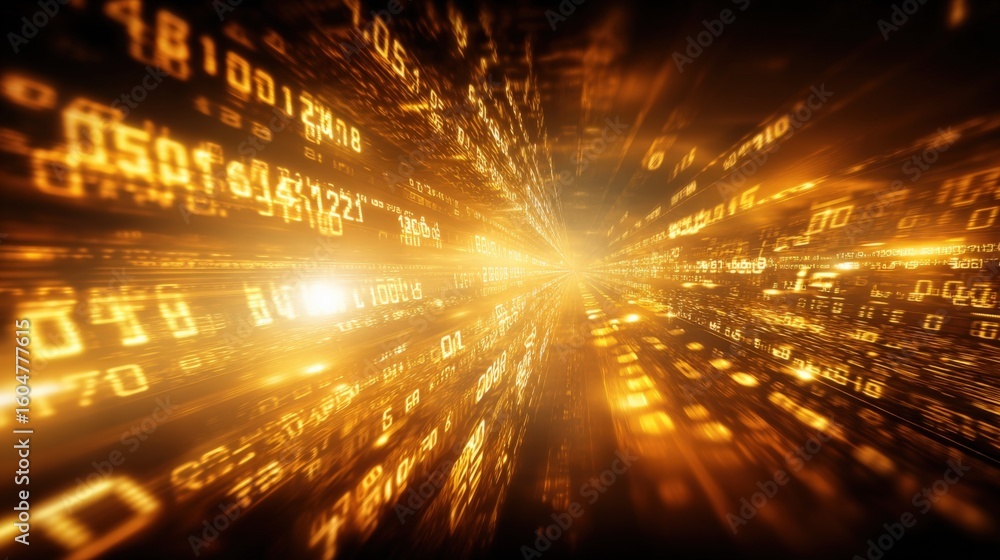 Poster dynamic digital data stream in bright golden light representing technology, data transfer, cyber sec