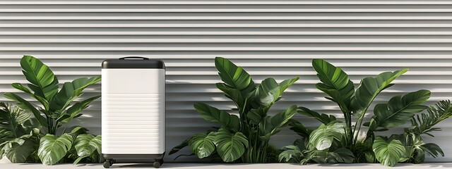 Modern Luggage Against Leafy Green Plants and Textured Wall