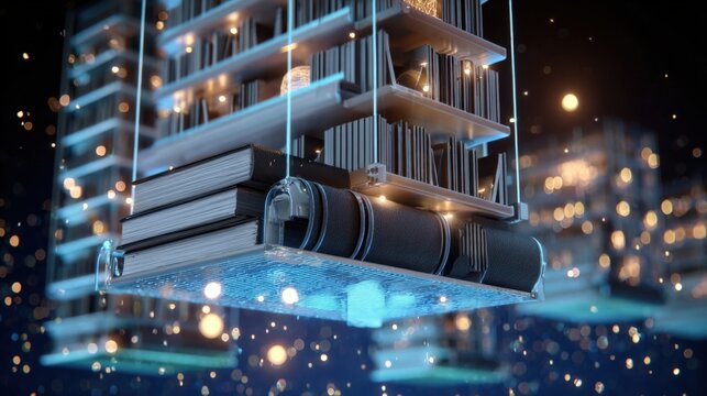 Futuristic floating library with books and digital elements illuminated by glowing blue lights in a sci-fi inspired high-tech environment
