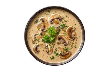 Creamy mushroom soup with parsley isolated on transparent background