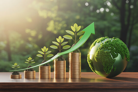 Green arrow graph growing from stacked coins with a globe in a natural setting