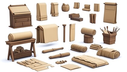 Collection of Various Paper Scrolls and Art Supplies in 3D Style
