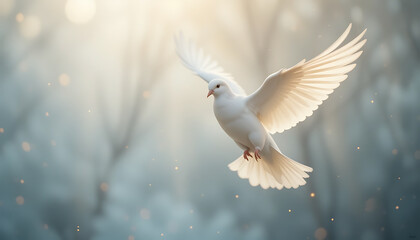 Obraz premium White Dove Flying in Soft Light Over Blurred Forest Background
