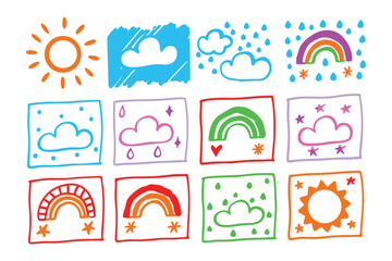 Weather Icons: A charming array of hand-drawn weather icons, capturing the essence of sunshine, clouds, rain, and rainbows in a vibrant and playful style.