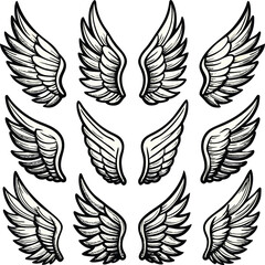 Fototapeta premium Angel Wings Clipart Set – Black and White Feather Wing Illustrations 