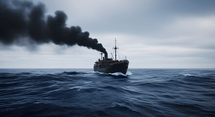 Freighter Emitting Black Smoke on Choppy Grey Sea, Front Perspective