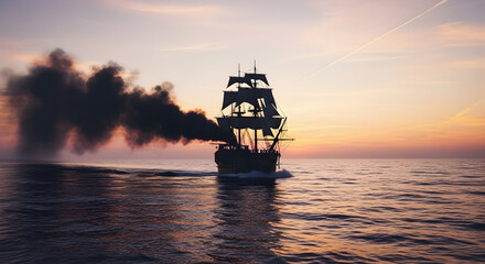Obraz premium Historic Sail Ship with Black Smoke Plume Against Orange Sunset Sky