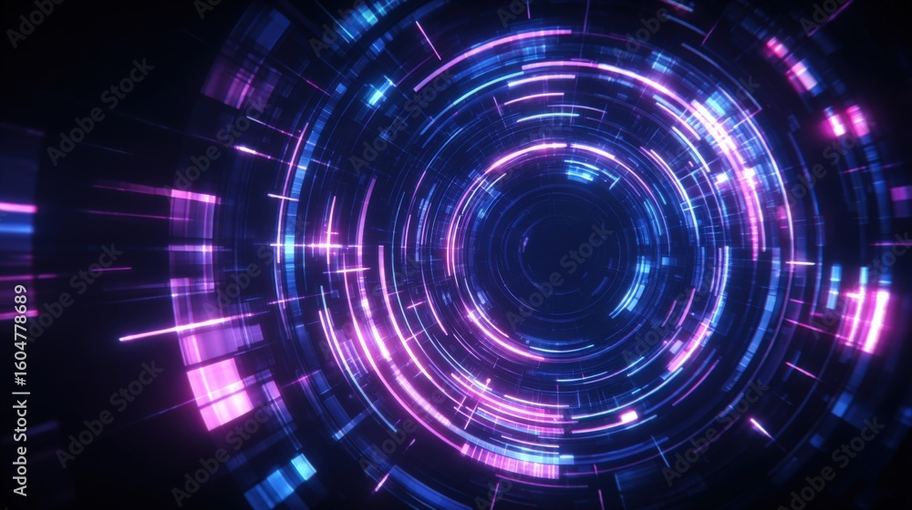 Poster futuristic digital tunnel with vibrant neon lights and circular data convergence effects in a high-t