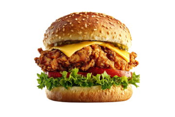 Delicious crispy chicken burger with melted cheese isolated on transparent background