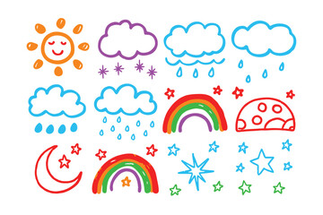 Cheerful Sky Doodle: A collection of vibrant, hand-drawn illustrations capturing the whimsical charm of the sky. Including a radiant sun, fluffy clouds, and a beautiful rainbow. 
