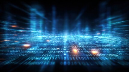 Futuristic digital data stream visualization with glowing lines and binary code representing technology and cyberspace concepts for digital world