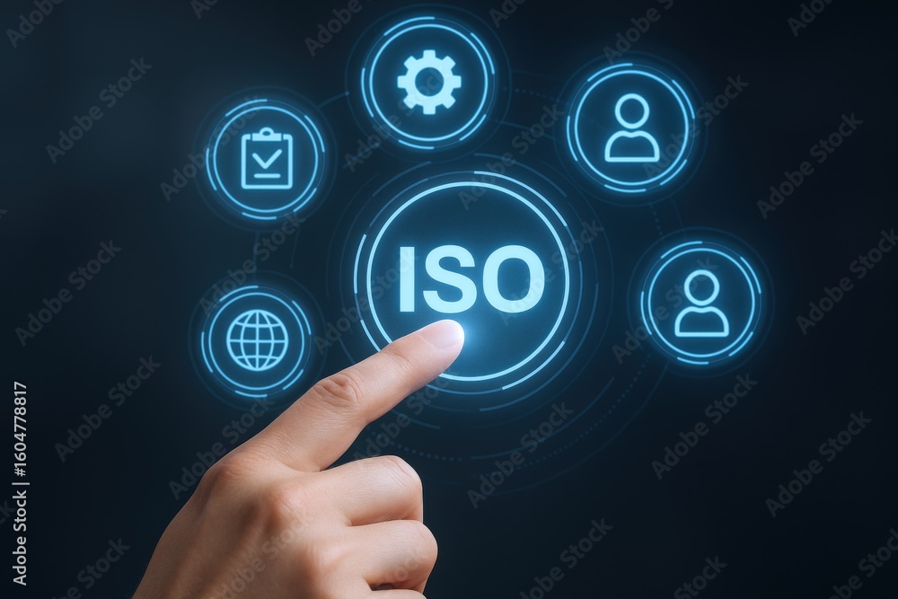 Poster digital illustration of a hand touching a futuristic circular iso icon with connecting digital icons