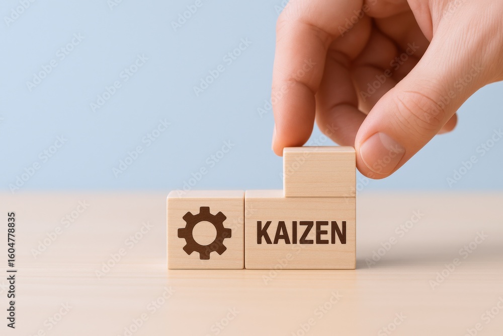 Poster hand placing wooden block with gear icon and the word kaizen on a light wooden surface with a soft b