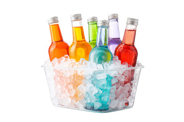 Colorful beverage bottles chilling in ice buckets isolated on transparent background