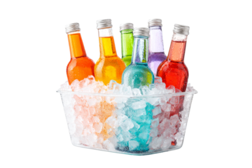 Colorful beverage bottles chilling in ice buckets isolated on transparent background
