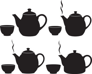 Four black teapots and cups silhouette