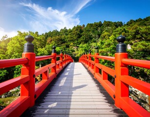 Red bridge leading through lush green forest