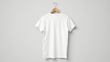 Plain white t-shirt hanging on a wooden hanger.