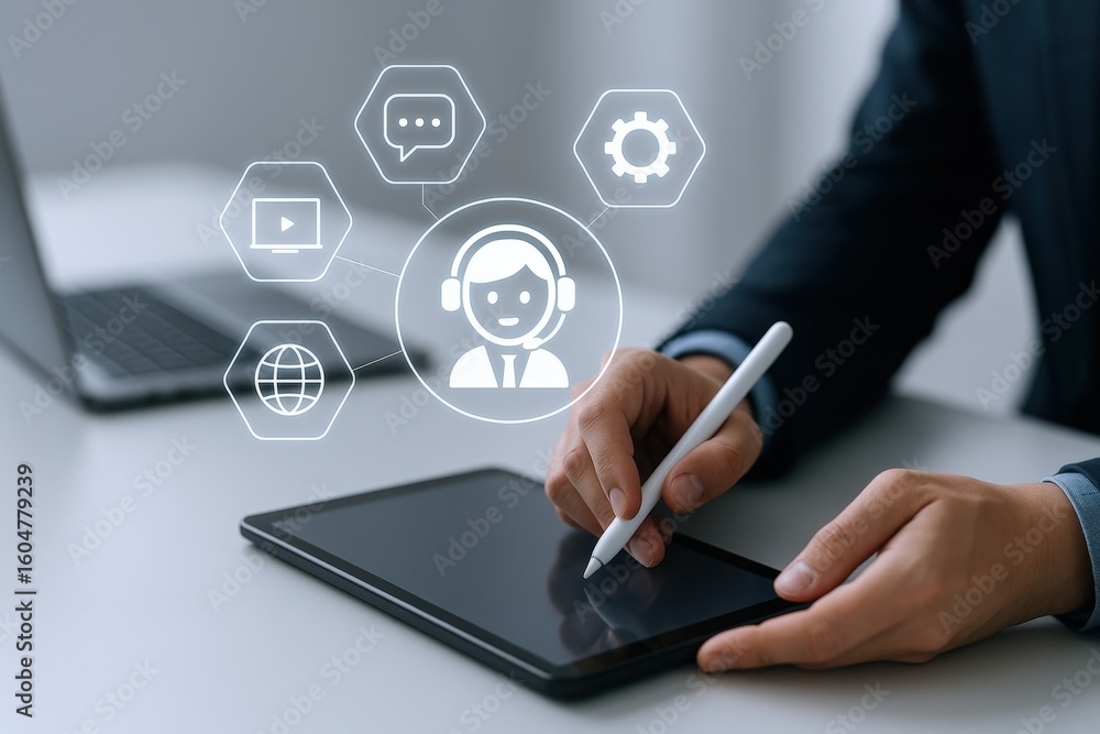 Poster business professional using digital tablet with floating technology icons for communication customer