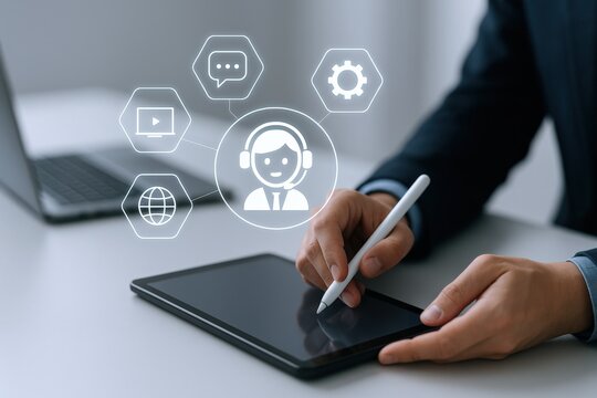 Business Professional Using Digital Tablet with Floating Technology Icons for Communication Customer Support and Data Management