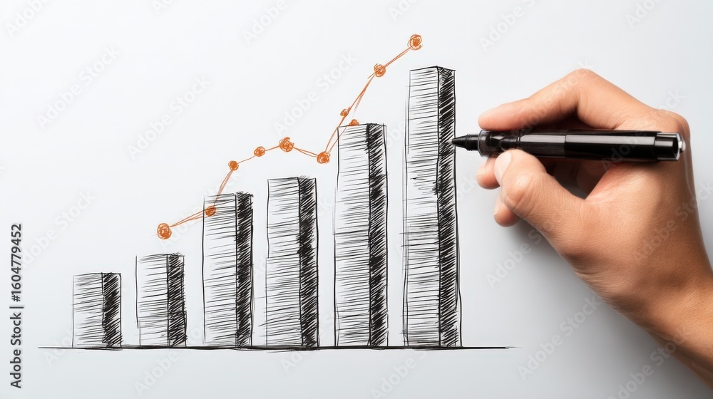 Poster hand drawing a rising bar graph with a marker on a white background representing growth, progress, a