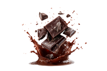 Dark chocolate bar splashing in chocolate sauce isolated on transparent background