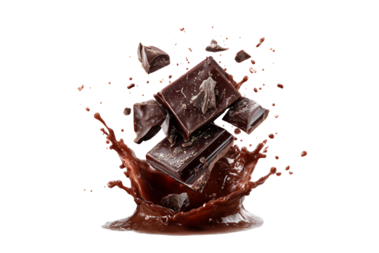 Dark chocolate bar splashing in chocolate sauce isolated on transparent background