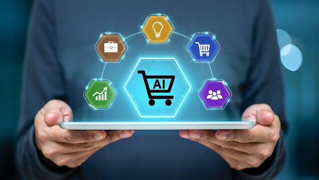 Person holding tablet displaying ai powered online shopping and business growth concept - Powered by Adobe
