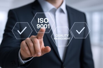 Business professional in formal suit interacting with digital ISO 9001 quality management certification icons in modern office environment