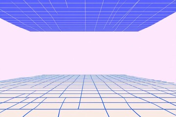 Obraz premium Abstract geometric landscape with grid patterns on floor and ceiling in pastel colors ideal for modern backgrounds, digital art, and creative projects