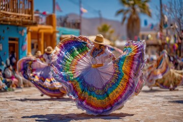 Traditional Mexican dancers in colorful dresses performing vibrant dance in a sunlit festive atmosphere, showcasing cultural heritage and joyful celebration in a lively outdoor setting.