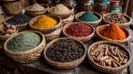 Fototapeta premium Colorful Spices and Herbs Displayed in Traditional Baskets at an Outdoor Market