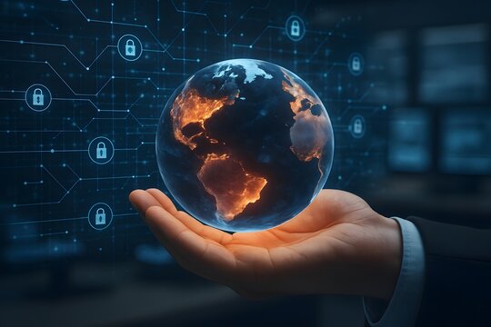 Hand holding glowing digital earth with network connections and security icons - Powered by Adobe