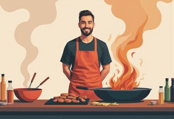 Barbecue champion proudly grilling at a competition with flames and sausages