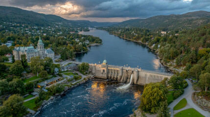 At dawn, the golden rays of sunlight cast a warm glow on the sturdy structure of the hydroelectric dam
