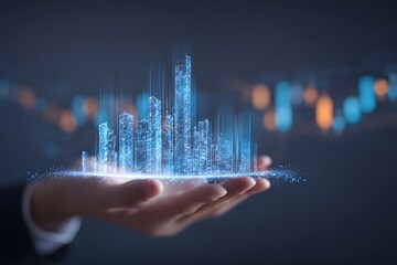 Futuristic digital cityscape hologram projected from a hand, representing innovation and growth