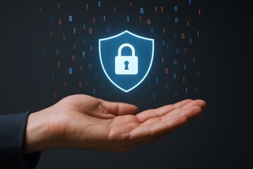 Digital Security Concept with Hand Holding Shield Icon and Lock Over Binary Code Background for Cybersecurity Protection and Data Privacy